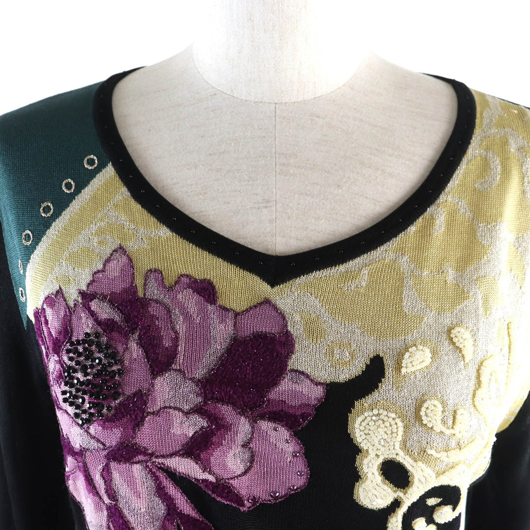 LEONARD FASHION Tunic 0387454 Main: 46% cupra, 44% cotton, 5% acrylic, 2% rayon, 2% polyester, 1% nylon. Partially beads and rhinestones. black multi Women L Used Authentic