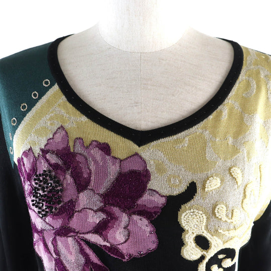 LEONARD FASHION Tunic 0387454 Main: 46% cupra, 44% cotton, 5% acrylic, 2% rayon, 2% polyester, 1% nylon. Partially beads and rhinestones. black multi Women L Used Authentic