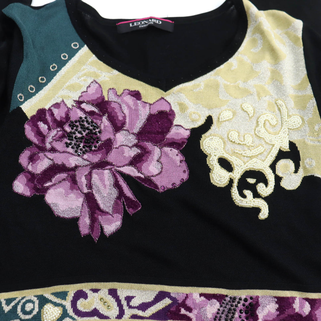 LEONARD FASHION Tunic 0387454 Main: 46% cupra, 44% cotton, 5% acrylic, 2% rayon, 2% polyester, 1% nylon. Partially beads and rhinestones. black multi Women L Used Authentic