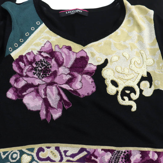 LEONARD FASHION Tunic 0387454 Main: 46% cupra, 44% cotton, 5% acrylic, 2% rayon, 2% polyester, 1% nylon. Partially beads and rhinestones. black multi Women L Used Authentic