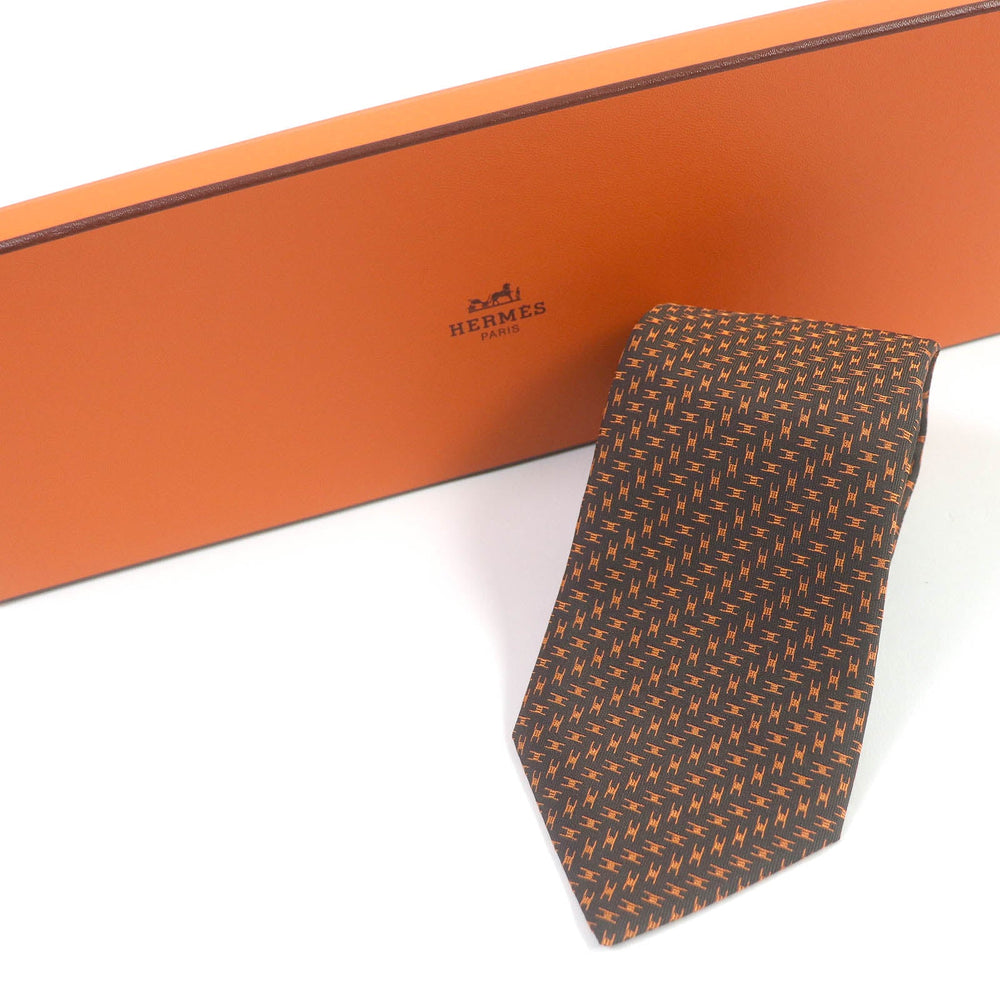 HERMES tie Main: 100% silk Marron Orange mens Used Authentic