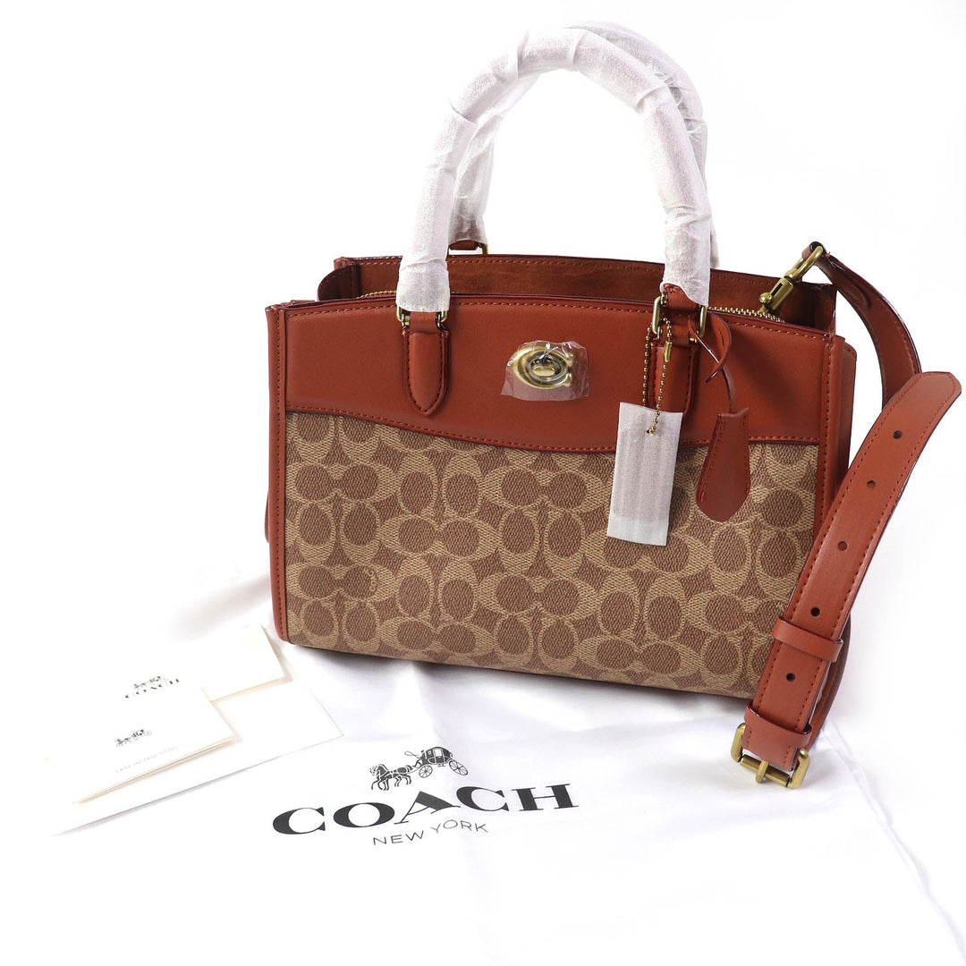 COACH Shoulder Bag CE731 Signature Coated Canvas, Refined Calfskin Leather Beige brown Brook Carryall Signature Women Used Authentic