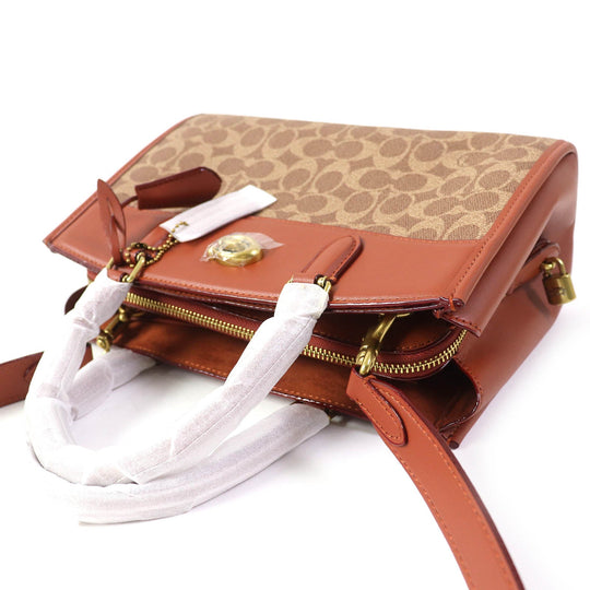 COACH Shoulder Bag CE731 Signature Coated Canvas, Refined Calfskin Leather Beige brown Brook Carryall Signature Women Used Authentic