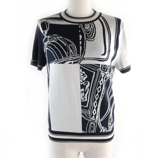 HERMES Short sleeve knit silk Navy white chaos Women 38 Used Authentic