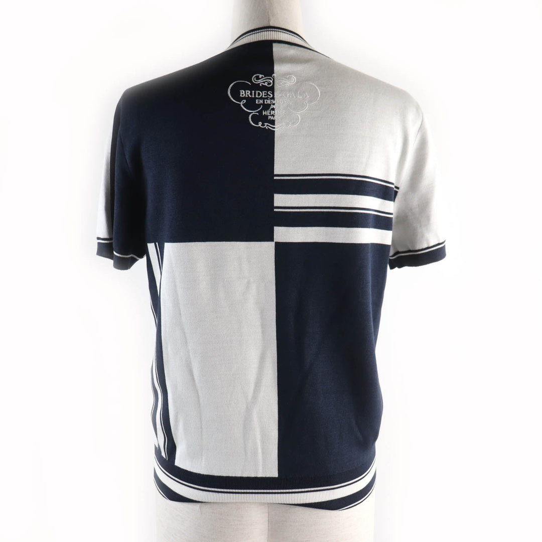 HERMES Short sleeve knit silk Navy white chaos Women 38 Used Authentic