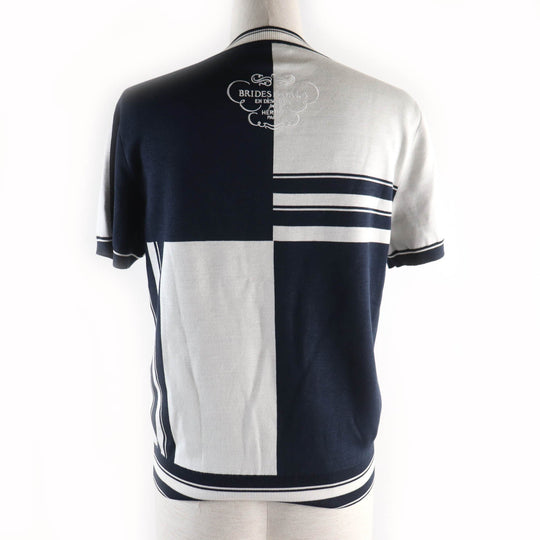 HERMES Short sleeve knit silk Navy white chaos Women 38 Used Authentic