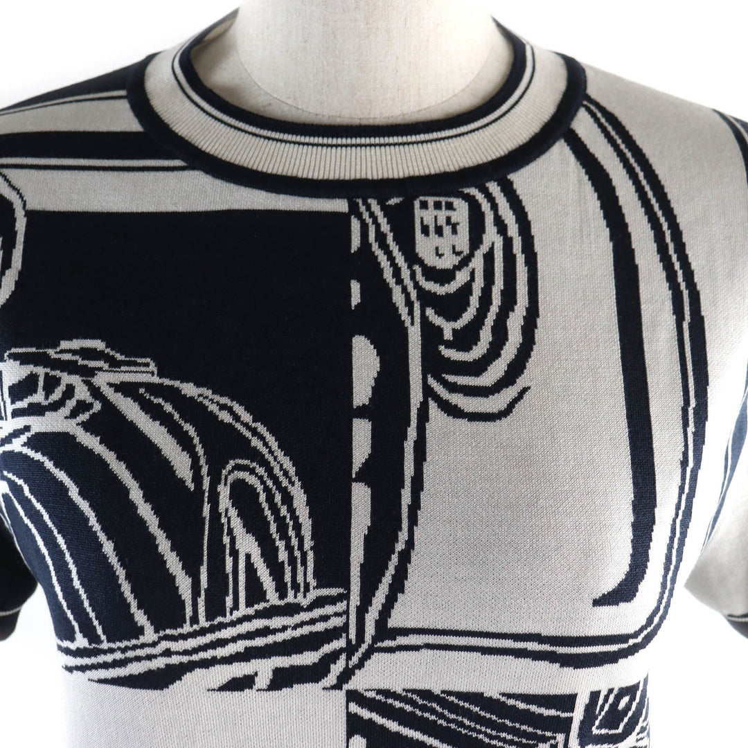 HERMES Short sleeve knit silk Navy white chaos Women 38 Used Authentic