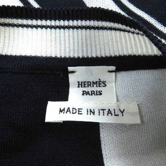 HERMES Short sleeve knit silk Navy white chaos Women 38 Used Authentic