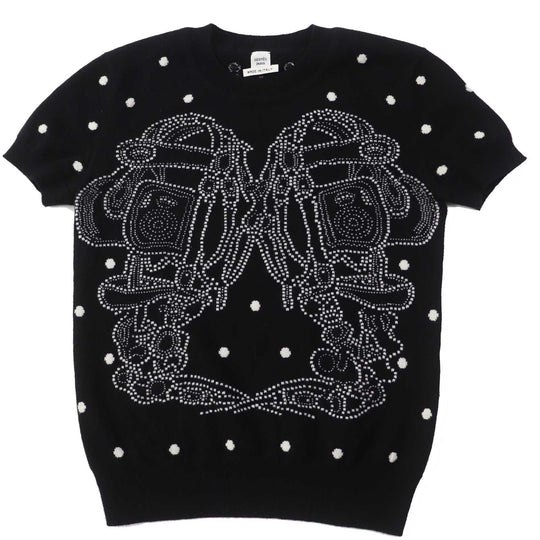 HERMES Short sleeve knit Outer: 100% cashmere, part: 30% wool, part: 30% acetate, part: 20% cotton, part: 20% polyester Black White BRIDES de GALA Ceremony Bridle Women 34 Used Authentic