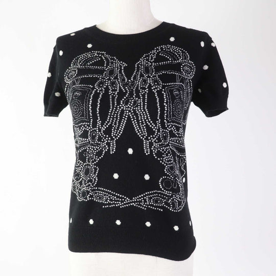 HERMES Short sleeve knit Outer: 100% cashmere, part: 30% wool, part: 30% acetate, part: 20% cotton, part: 20% polyester Black White BRIDES de GALA Ceremony Bridle Women 34 Used Authentic