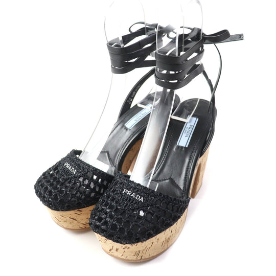 PRADA Sandals 1XZ753 Fabric, Leather black Ruffia Sandals/Wedge Sandals Triangle Logo Lace-Up Crochet Women 36 Used Authentic