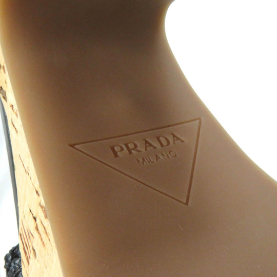 PRADA Sandals 1XZ753 Fabric, Leather black Ruffia Sandals/Wedge Sandals Triangle Logo Lace-Up Crochet Women 36 Used Authentic