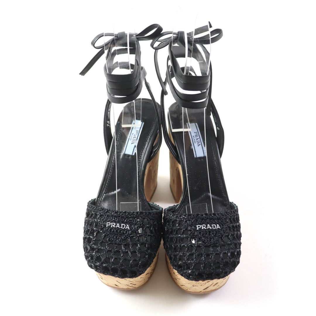 PRADA Sandals 1XZ753 Fabric, Leather black Ruffia Sandals/Wedge Sandals Triangle Logo Lace-Up Crochet Women 36 Used Authentic