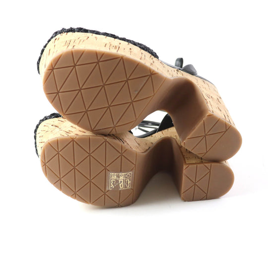 PRADA Sandals 1XZ753 Fabric, Leather black Ruffia Sandals/Wedge Sandals Triangle Logo Lace-Up Crochet Women 36 Used Authentic