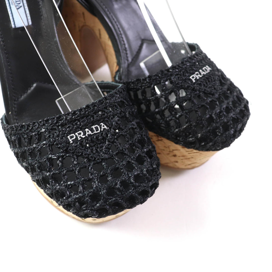 PRADA Sandals 1XZ753 Fabric, Leather black Ruffia Sandals/Wedge Sandals Triangle Logo Lace-Up Crochet Women 36 Used Authentic