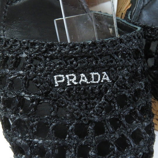 PRADA Sandals 1XZ753 Fabric, Leather black Ruffia Sandals/Wedge Sandals Triangle Logo Lace-Up Crochet Women 36 Used Authentic