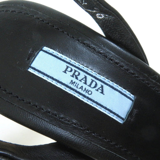 PRADA Sandals 1XZ753 Fabric, Leather black Ruffia Sandals/Wedge Sandals Triangle Logo Lace-Up Crochet Women 36 Used Authentic