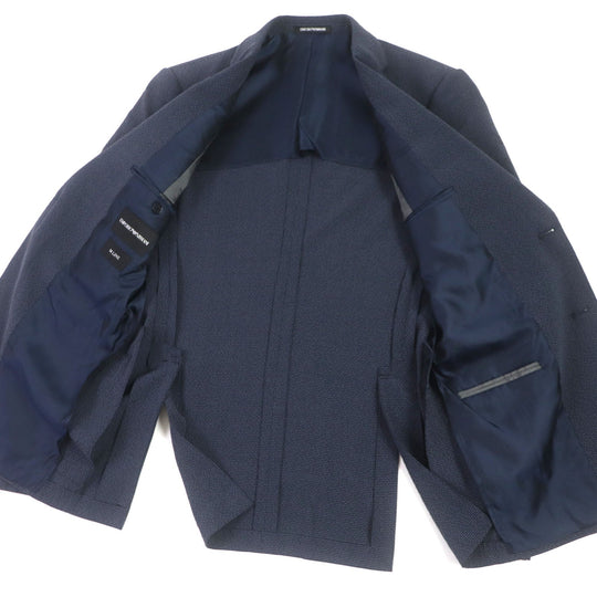 EMPORIO ARMANI setup Outer: 55% wool, Outer: 41% silk, Outer: 3% elastane (polyurethane), Main lining: 50% acetate, 50% viscose, Lining 2: 100% viscose, Pants lining: 65% acetate, 35% viscose Navy M LINE mens 44 Used Authentic