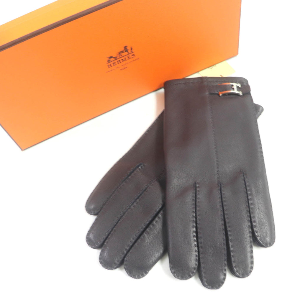 HERMES gloves Main: Lamb leather, Lining: 100% silk Dark brown mens 8 Used Authentic