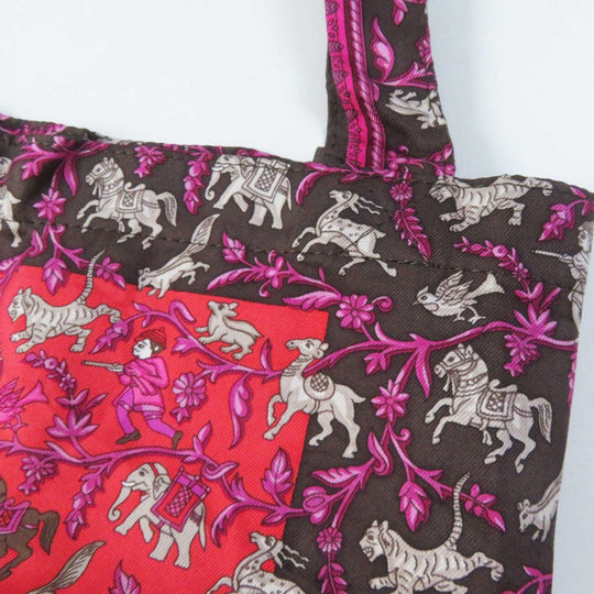 HERMES Eco bag Buffle Skipper Silk Chocolate Prune Silky pop CHASSE EN INDE Indian Hunting Women Used Authentic