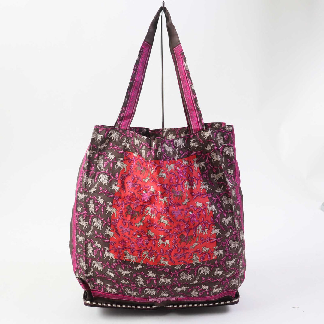 HERMES Eco bag Buffle Skipper Silk Chocolate Prune Silky pop CHASSE EN INDE Indian Hunting Women Used Authentic