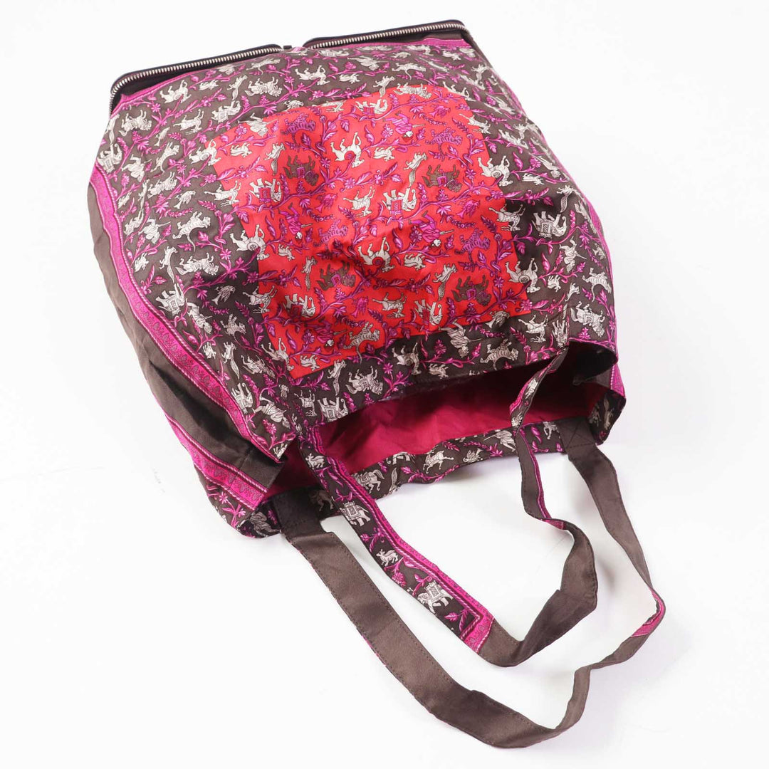 HERMES Eco bag Buffle Skipper Silk Chocolate Prune Silky pop CHASSE EN INDE Indian Hunting Women Used Authentic