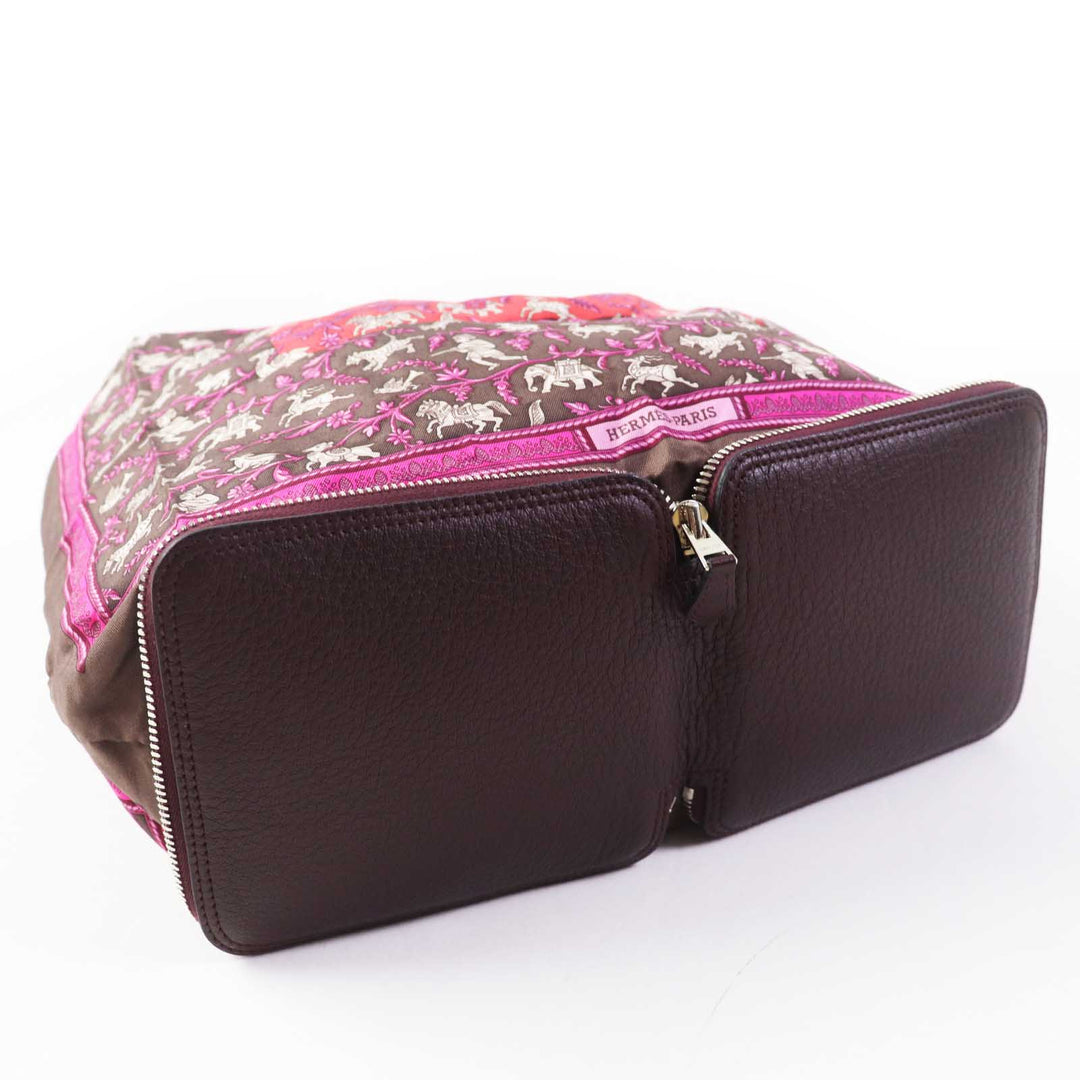 HERMES Eco bag Buffle Skipper Silk Chocolate Prune Silky pop CHASSE EN INDE Indian Hunting Women Used Authentic