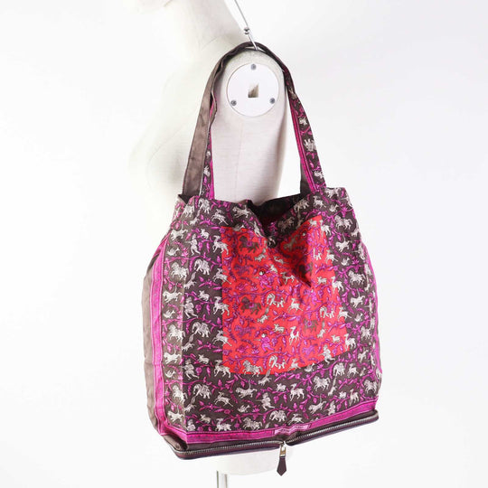 HERMES Eco bag Buffle Skipper Silk Chocolate Prune Silky pop CHASSE EN INDE Indian Hunting Women Used Authentic