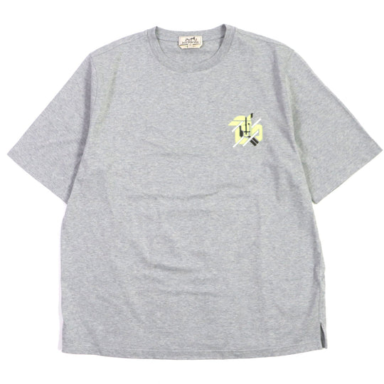HERMES Short sleeve T-shirt Main: 100% cotton, Leather part: Sheepskin gray Chevaux en Symmetry mens M Used Authentic