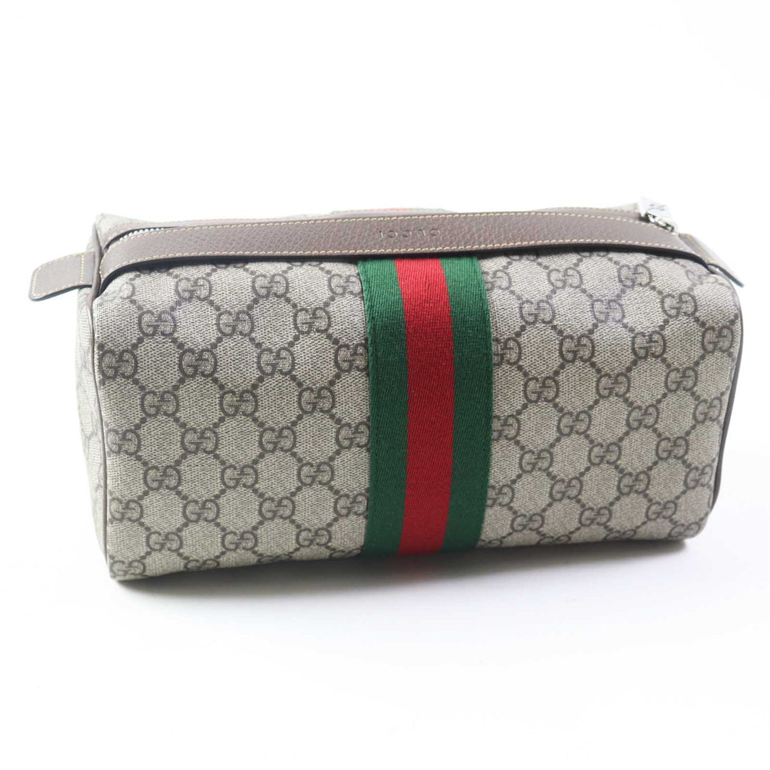 GUCCI Pouch 759689 Leather x GG Supreme canvas Beige/Ebony Cosmetic case with Web stripes Women Used Authentic