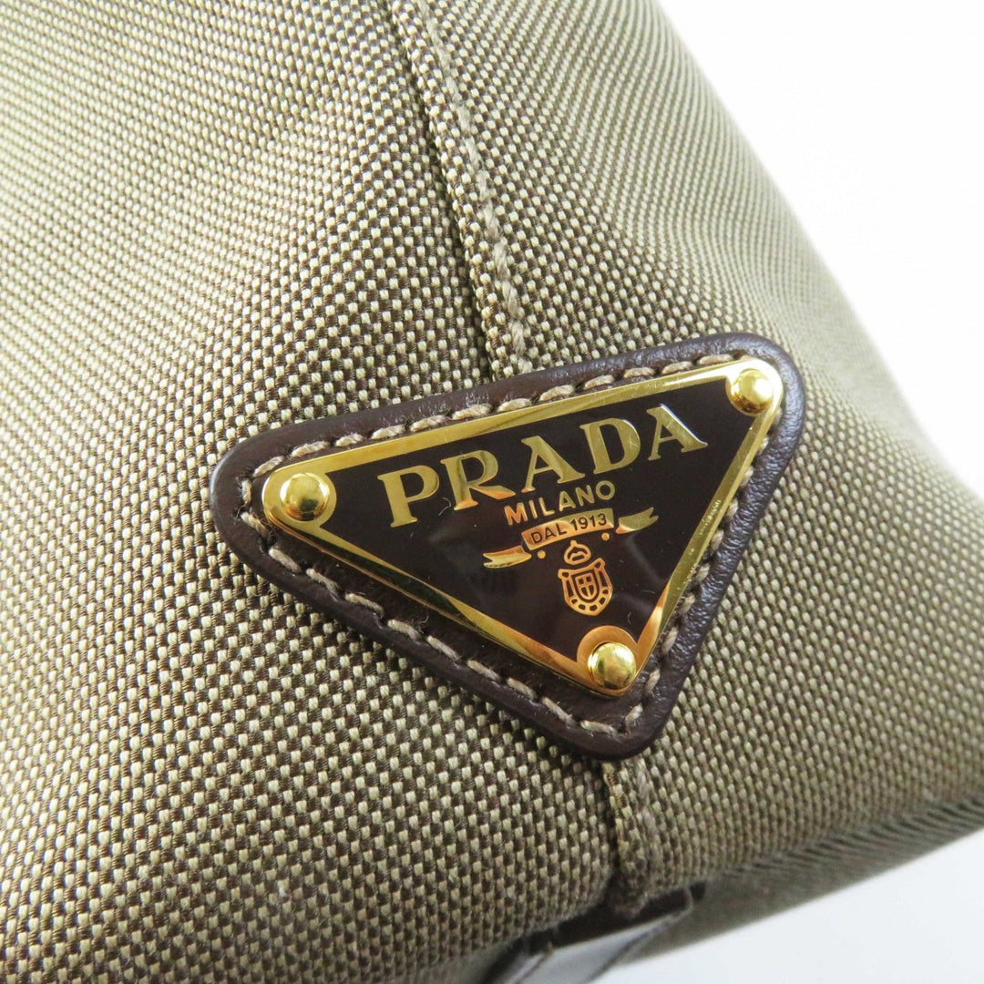 PRADA Handbag 1BA104 Leather canvas Beige Brown, CORDA BRUCIATO logo jacquard Women Used Authentic
