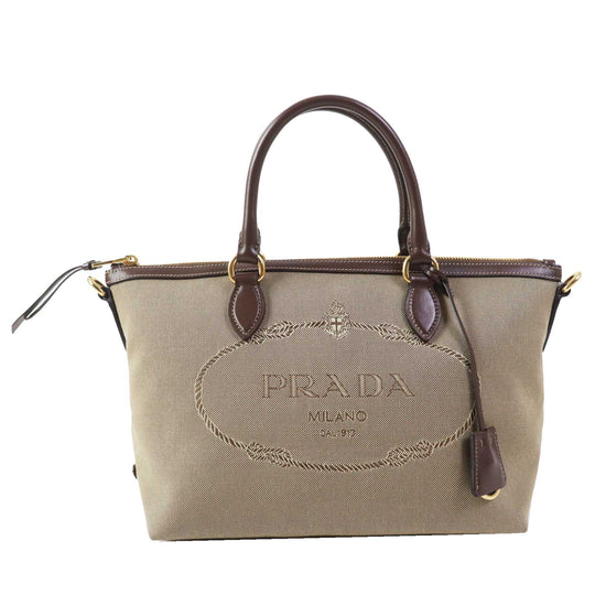 PRADA Handbag 1BA104 Leather canvas Beige Brown, CORDA BRUCIATO logo jacquard Women Used Authentic