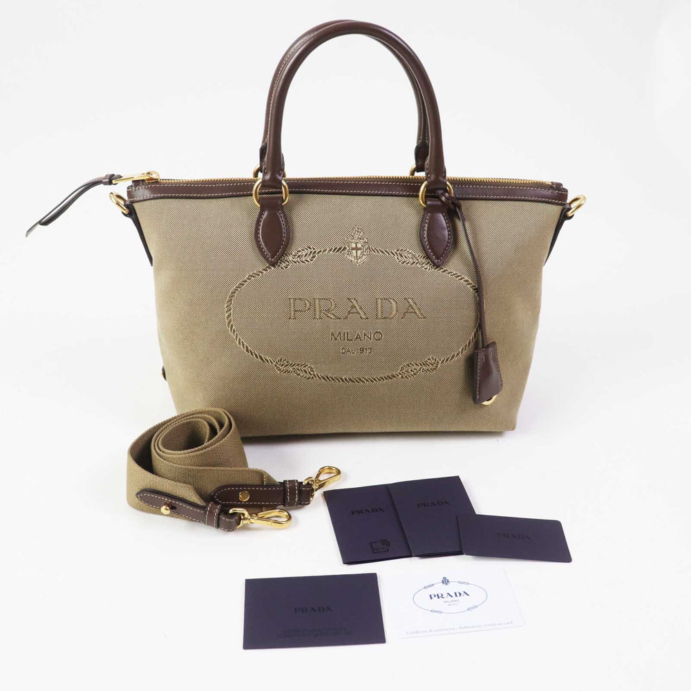 PRADA Handbag 1BA104 Leather canvas Beige Brown, CORDA BRUCIATO logo jacquard Women Used Authentic