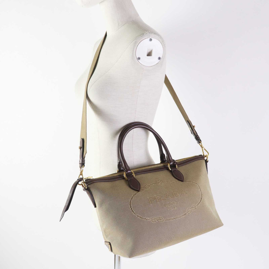 PRADA Handbag 1BA104 Leather canvas Beige Brown, CORDA BRUCIATO logo jacquard Women Used Authentic