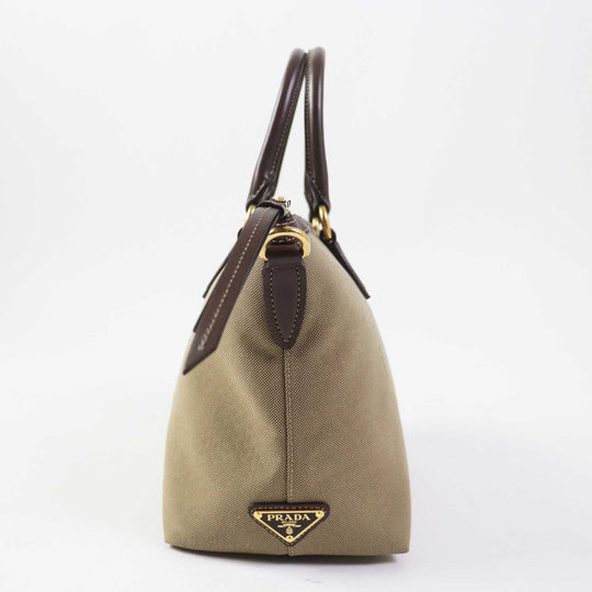 PRADA Handbag 1BA104 Leather canvas Beige Brown, CORDA BRUCIATO logo jacquard Women Used Authentic