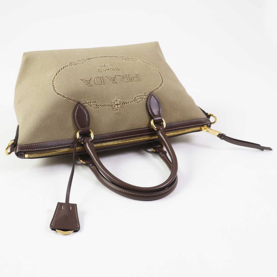 PRADA Handbag 1BA104 Leather canvas Beige Brown, CORDA BRUCIATO logo jacquard Women Used Authentic