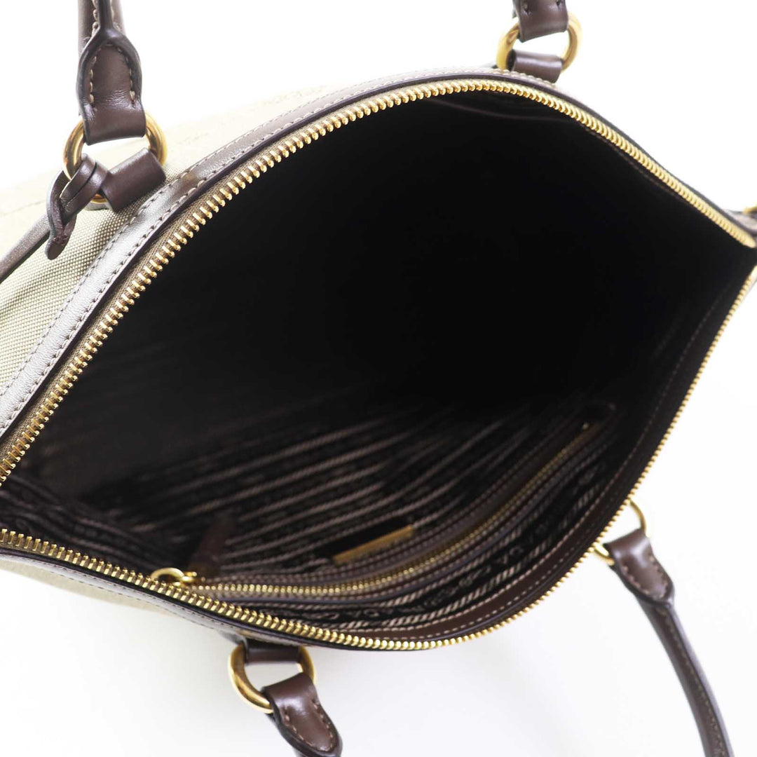 PRADA Handbag 1BA104 Leather canvas Beige Brown, CORDA BRUCIATO logo jacquard Women Used Authentic