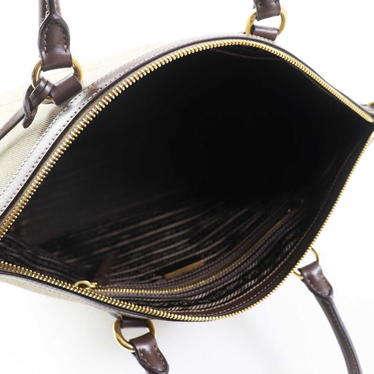 PRADA Handbag 1BA104 Leather canvas Beige Brown, CORDA BRUCIATO logo jacquard Women Used Authentic