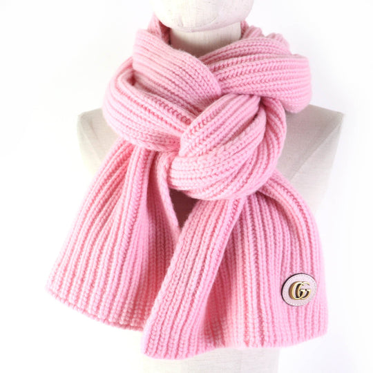 GUCCI Scarf 773426 Main: 85% wool, Main: 15% cashmere, Part: leather pink scarf Patched knit Women Used Authentic
