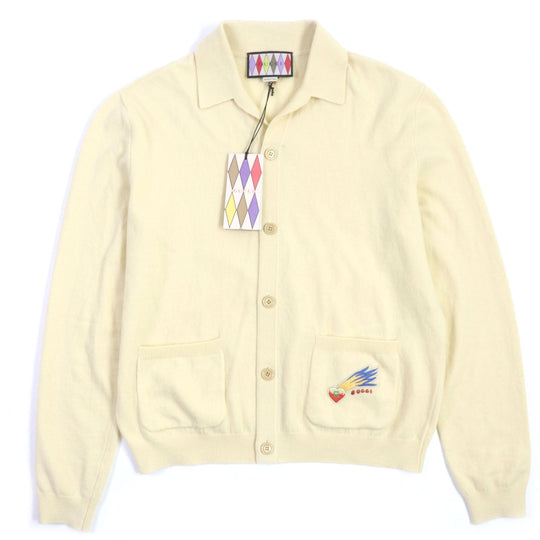 GUCCI cardigan 706917 Main: 100% wool, Applique: 100% polyester Yellow beige Gucci Lovelight mens M Used Authentic