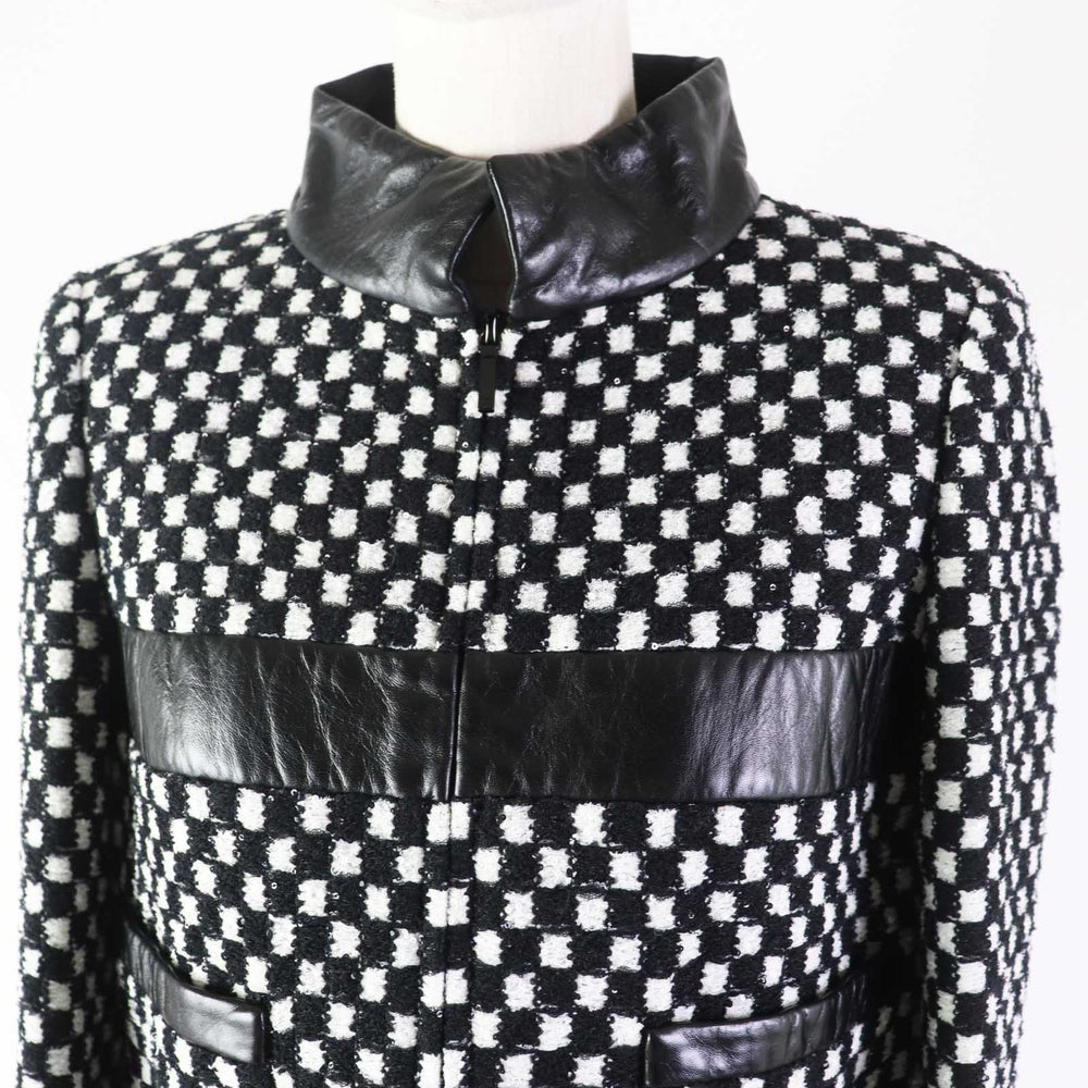 CHANEL Other outerwear P57185 Outer: 59% nylon, Outer: 41% polyester, Lining: 100% silk, Other: 100% lambskin Other: 100% cotton Black White Tweed jacket Women 34 Used Authentic