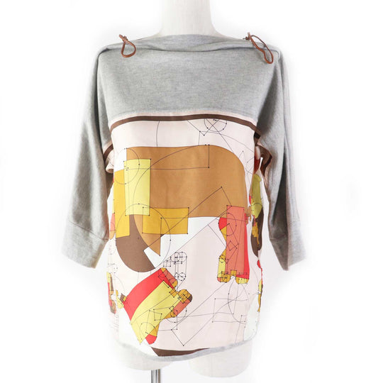 HERMES Cut Main: 100% silk, Part: 90% cotton, Part: 10% cashmere, Accessories: Sheep leather Gray multi ECHEC AU ROI Checkmate Women 34 Used Authentic