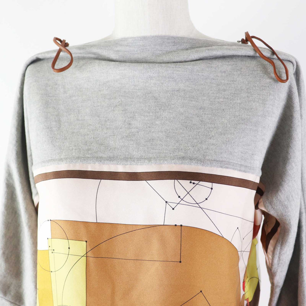 HERMES Cut Main: 100% silk, Part: 90% cotton, Part: 10% cashmere, Accessories: Sheep leather Gray multi ECHEC AU ROI Checkmate Women 34 Used Authentic