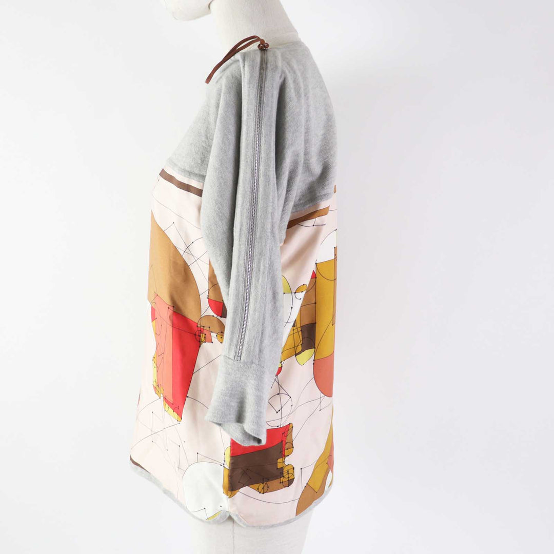 HERMES Cut Main: 100% silk, Part: 90% cotton, Part: 10% cashmere, Accessories: Sheep leather Gray multi ECHEC AU ROI Checkmate Women 34 Used Authentic