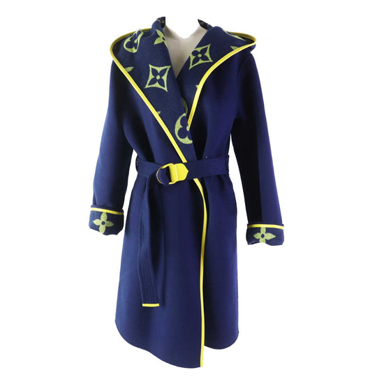 LOUIS VUITTON coat FJC022NUV Outer: 99% wool, Outer: 1% silk, Lining: 53% rayon, Lining: 47% cupra, Belt loop: 100% polyester, Belt: 99% wool, 1% silk, Leather part: Lamb leather Navy yellow Giant Monogram Women 36 Used Authentic