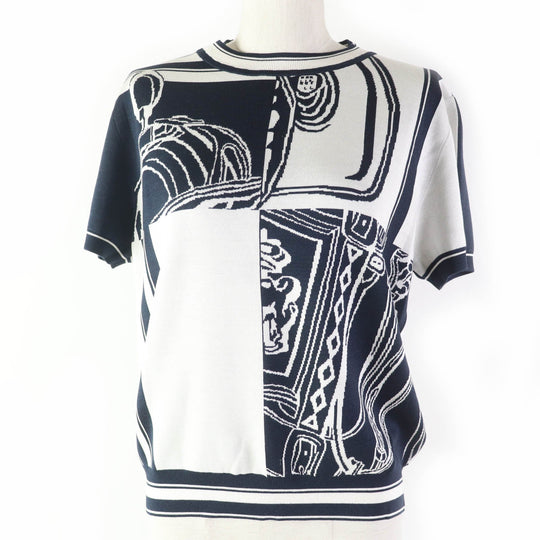 HERMES Short sleeve knit 4E2654D6 silk Navy white Knit jacquard chaos Women 42 Used Authentic