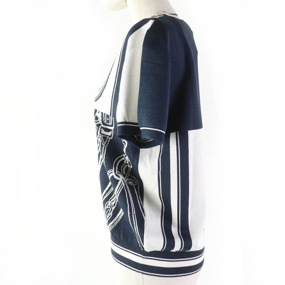 HERMES Short sleeve knit 4E2654D6 silk Navy white Knit jacquard chaos Women 42 Used Authentic