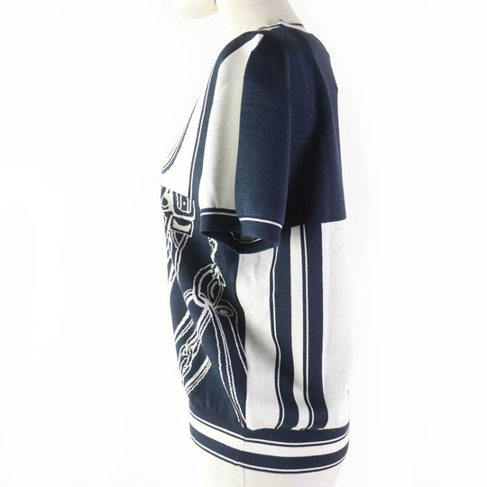 HERMES Short sleeve knit 4E2654D6 silk Navy white Knit jacquard chaos Women 42 Used Authentic