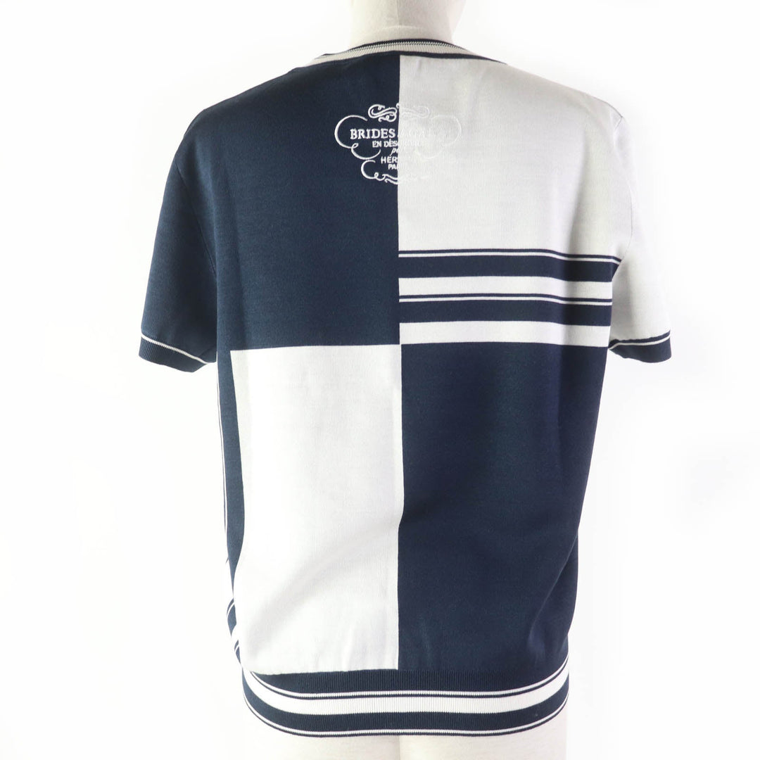 HERMES Short sleeve knit 4E2654D6 silk Navy white Knit jacquard chaos Women 42 Used Authentic