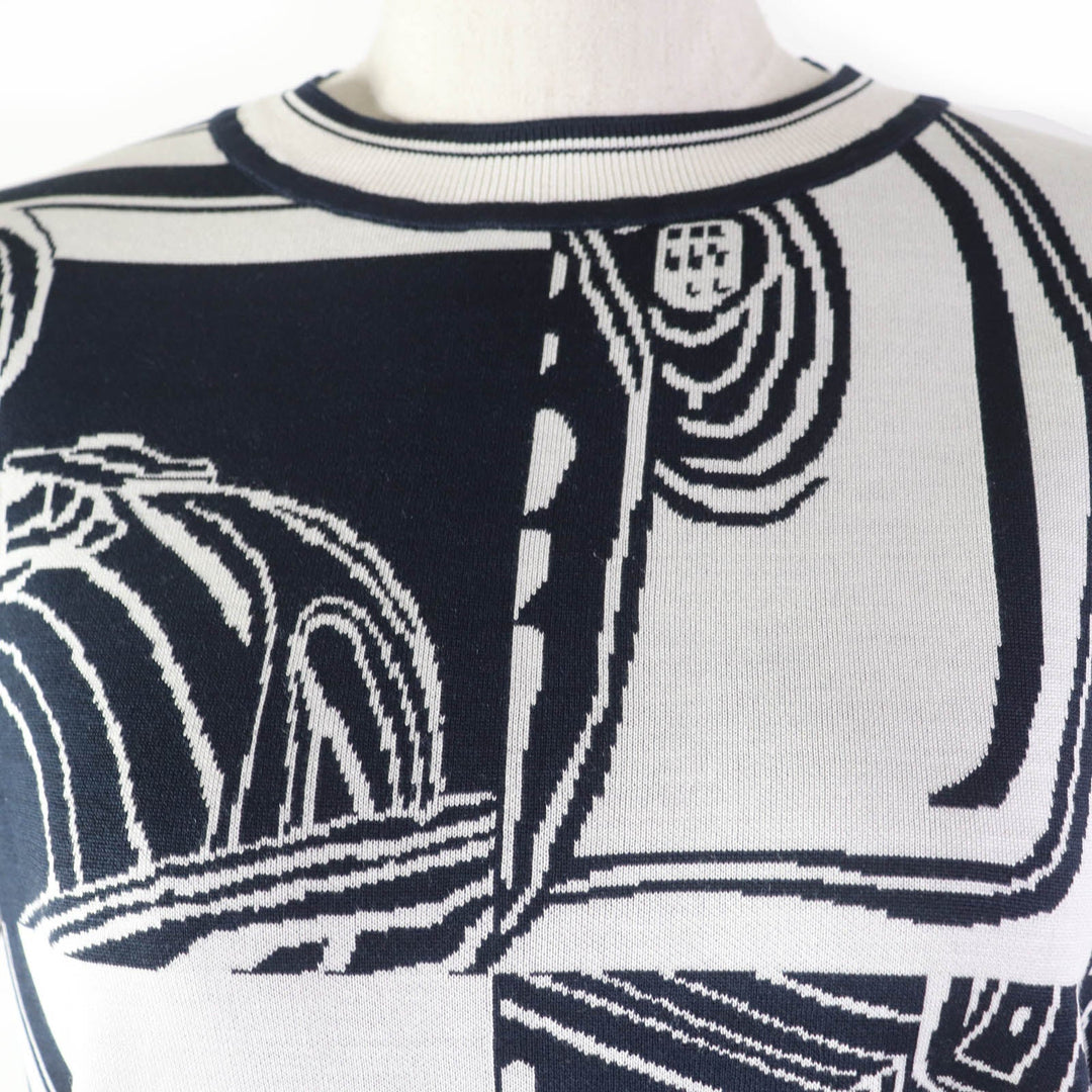 HERMES Short sleeve knit 4E2654D6 silk Navy white Knit jacquard chaos Women 42 Used Authentic